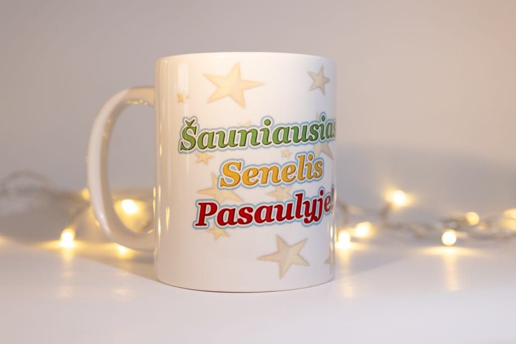 Klasikinis dvipusis puodelis,,Šauniausias Senelis Pasaulyje!"