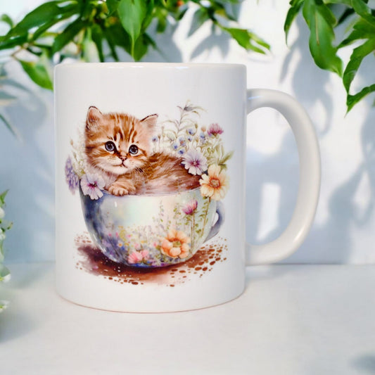 Classic double-sided mug "Kitten among flowers"