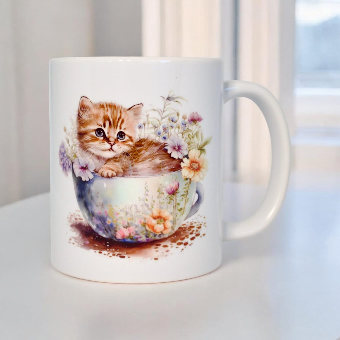 Classic double-sided mug "Kitten among flowers"