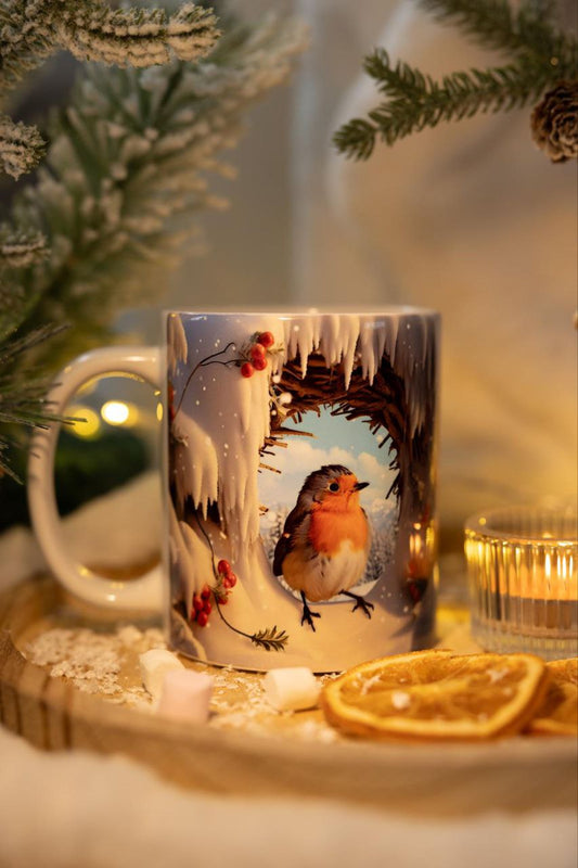 Classic double-sided mug "Winter bird and red berries."
