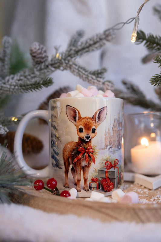 Classic double-sided mug "Little deer with gifts".