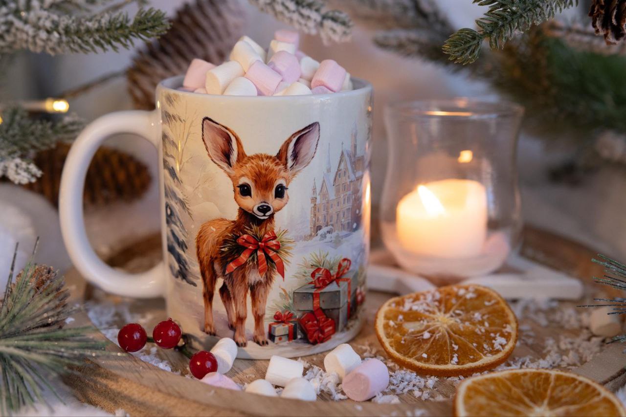 Classic double-sided mug "Little deer with gifts".