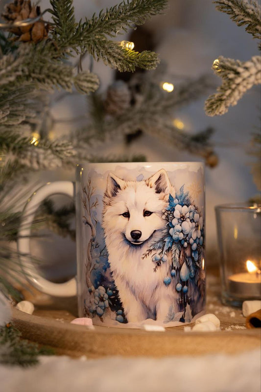 Classic Double Sided Mug, White Wolf in Winter".