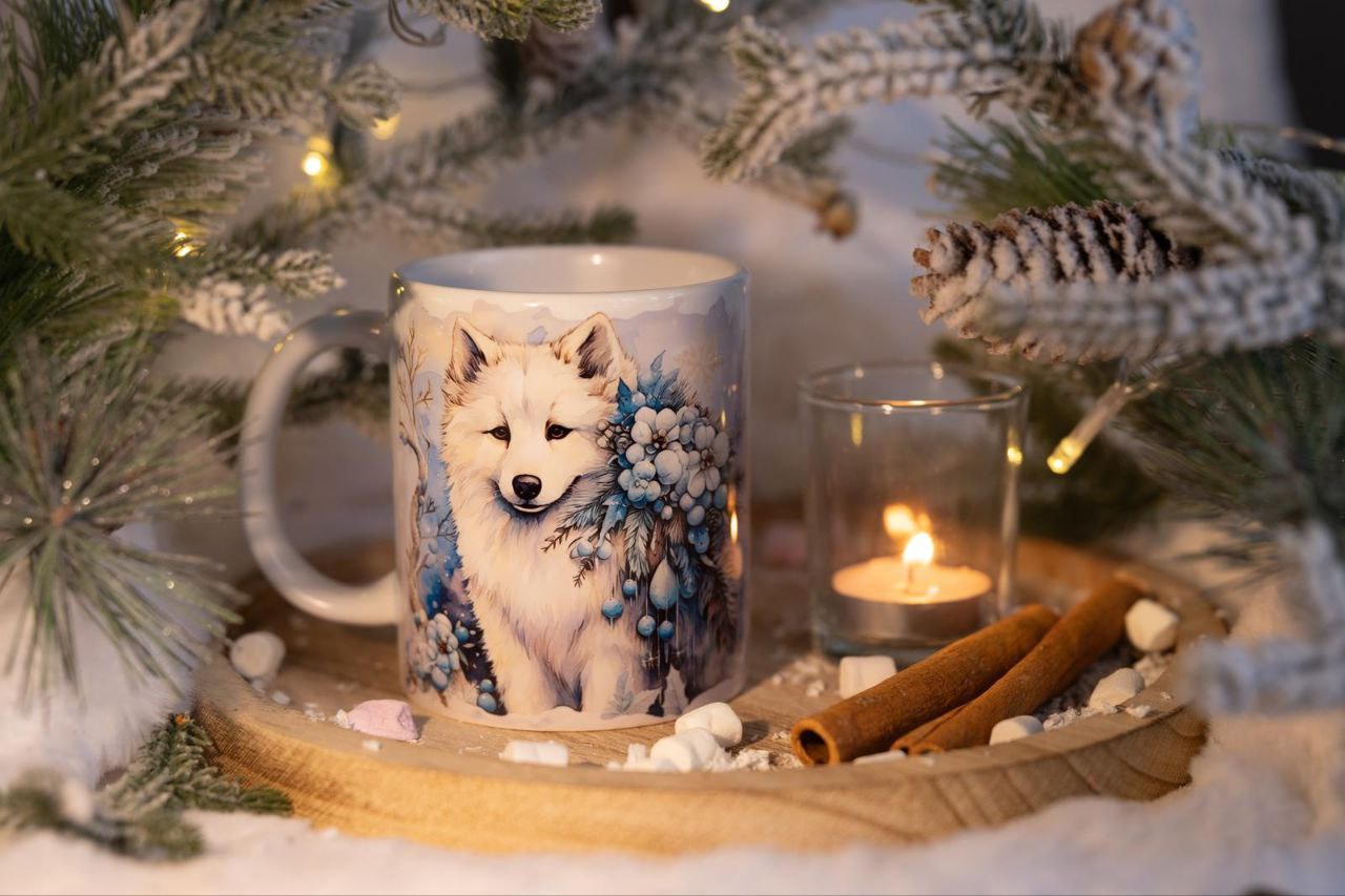 Classic Double Sided Mug, White Wolf in Winter".