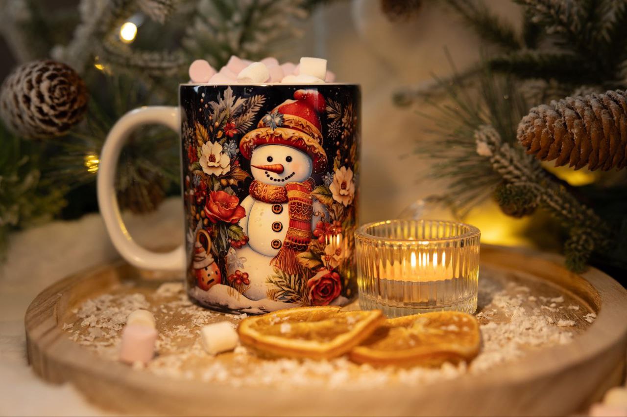 Classic double-sided mug "Snowman at night".