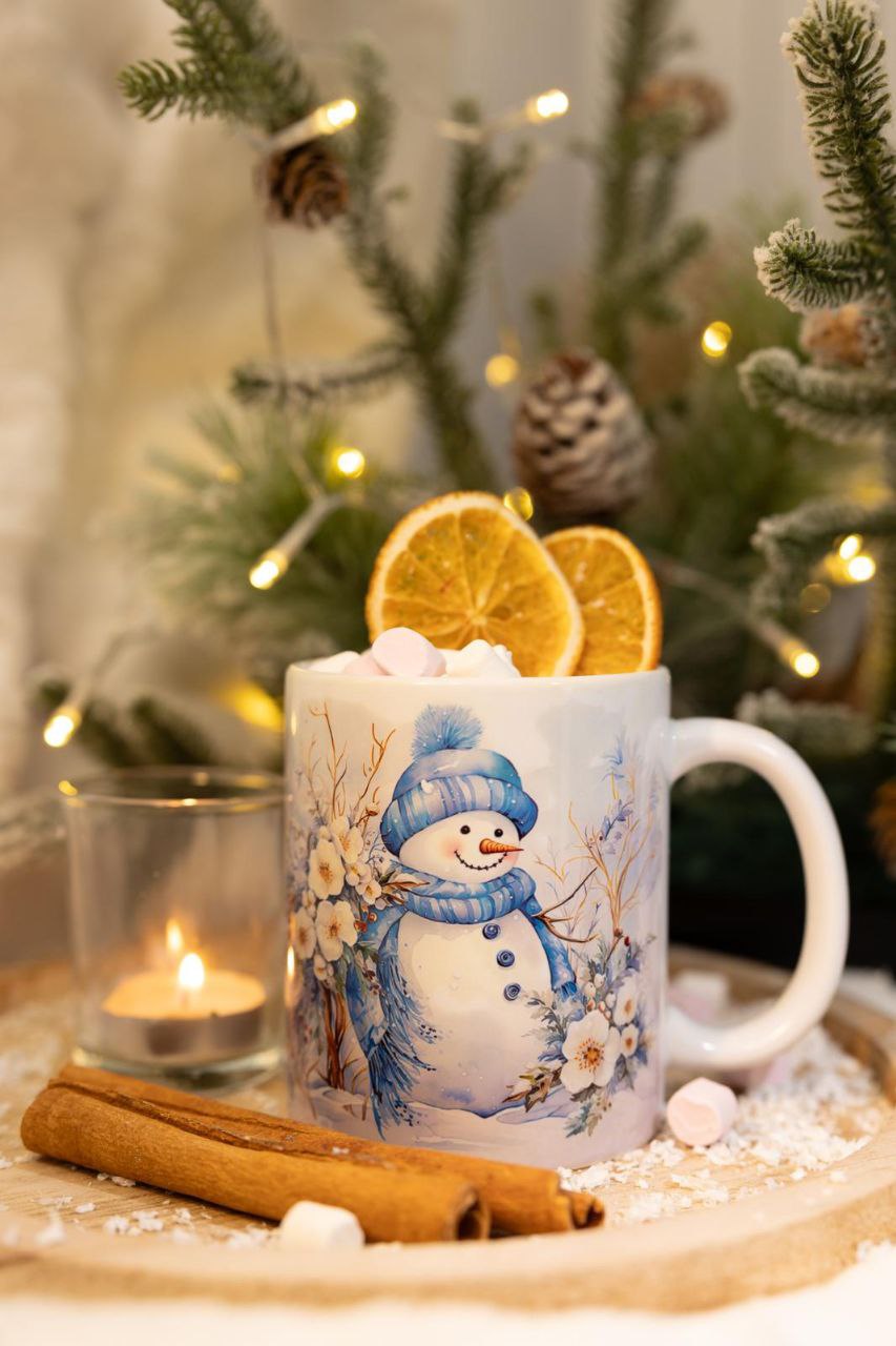Classic double sided mug, Snowman with blue scarf and hat.