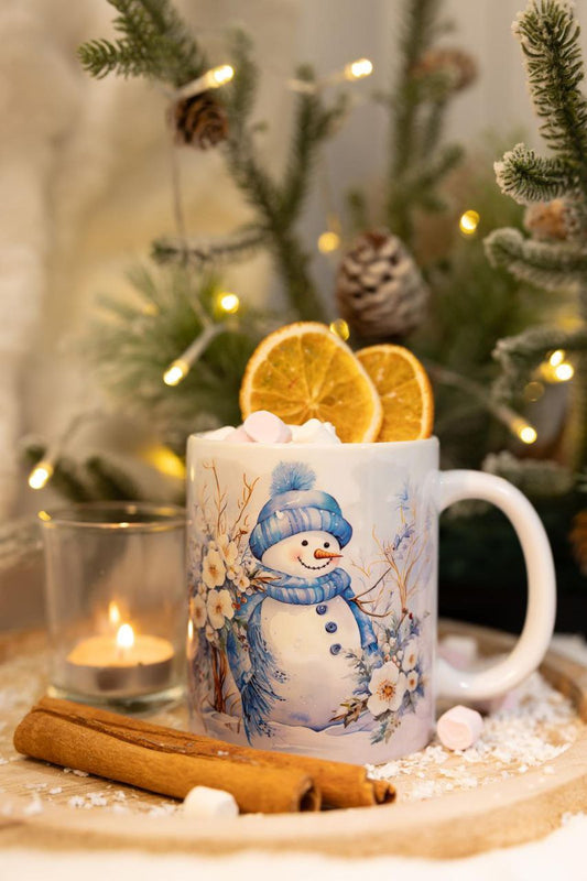 Classic double sided mug, Snowman with blue scarf and hat.