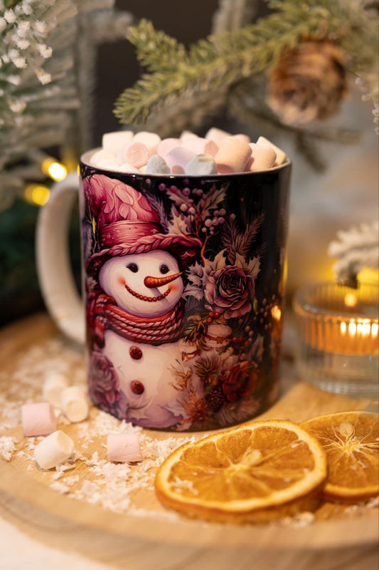 Classic double-sided mug "Snowman with purple scarf and hat".
