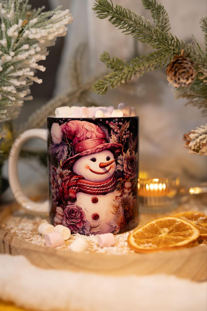 Classic double-sided mug "Snowman with purple scarf and hat".